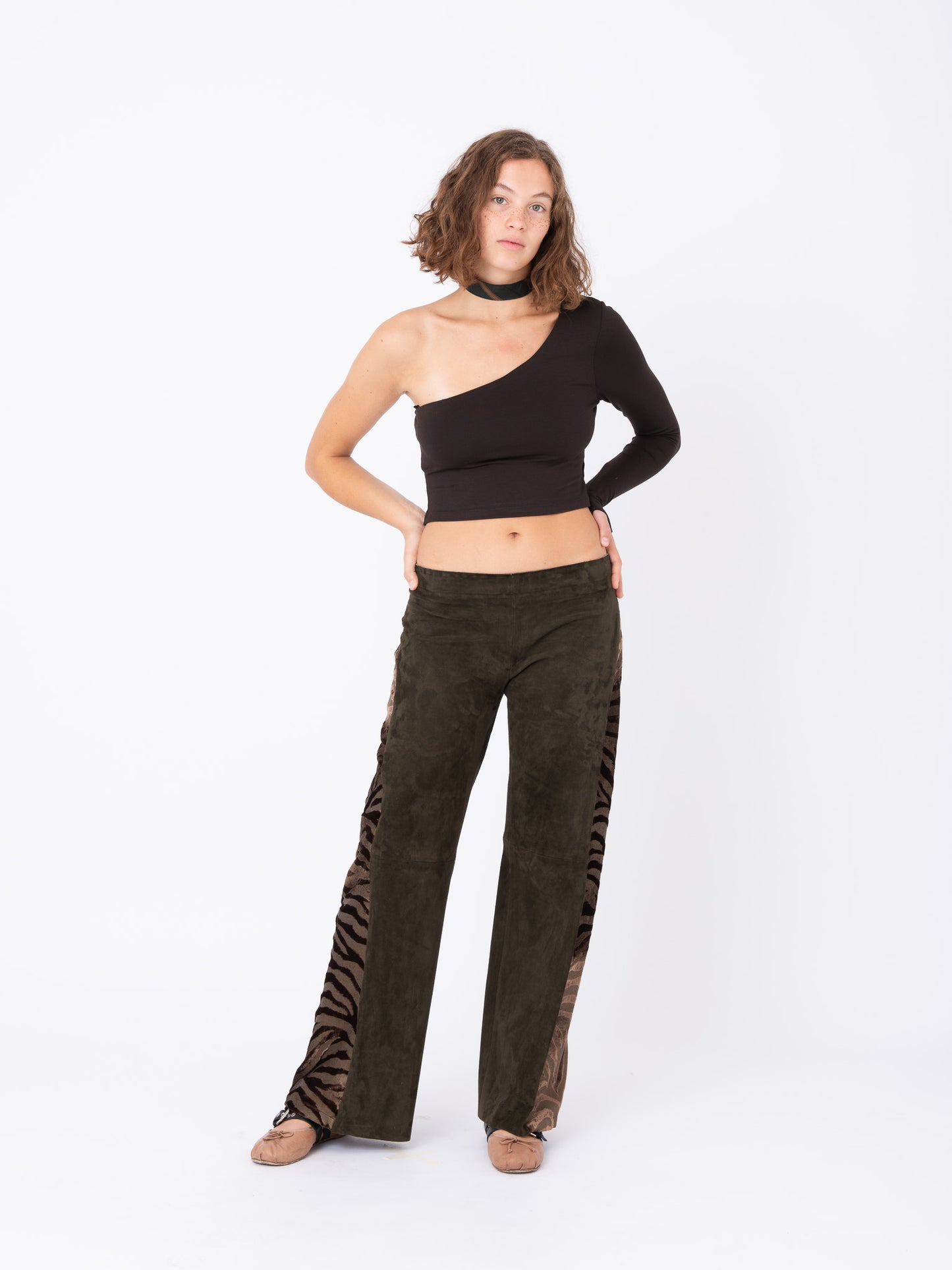 Azalea Brown Suede Pants with Tiger Velvet Inserts