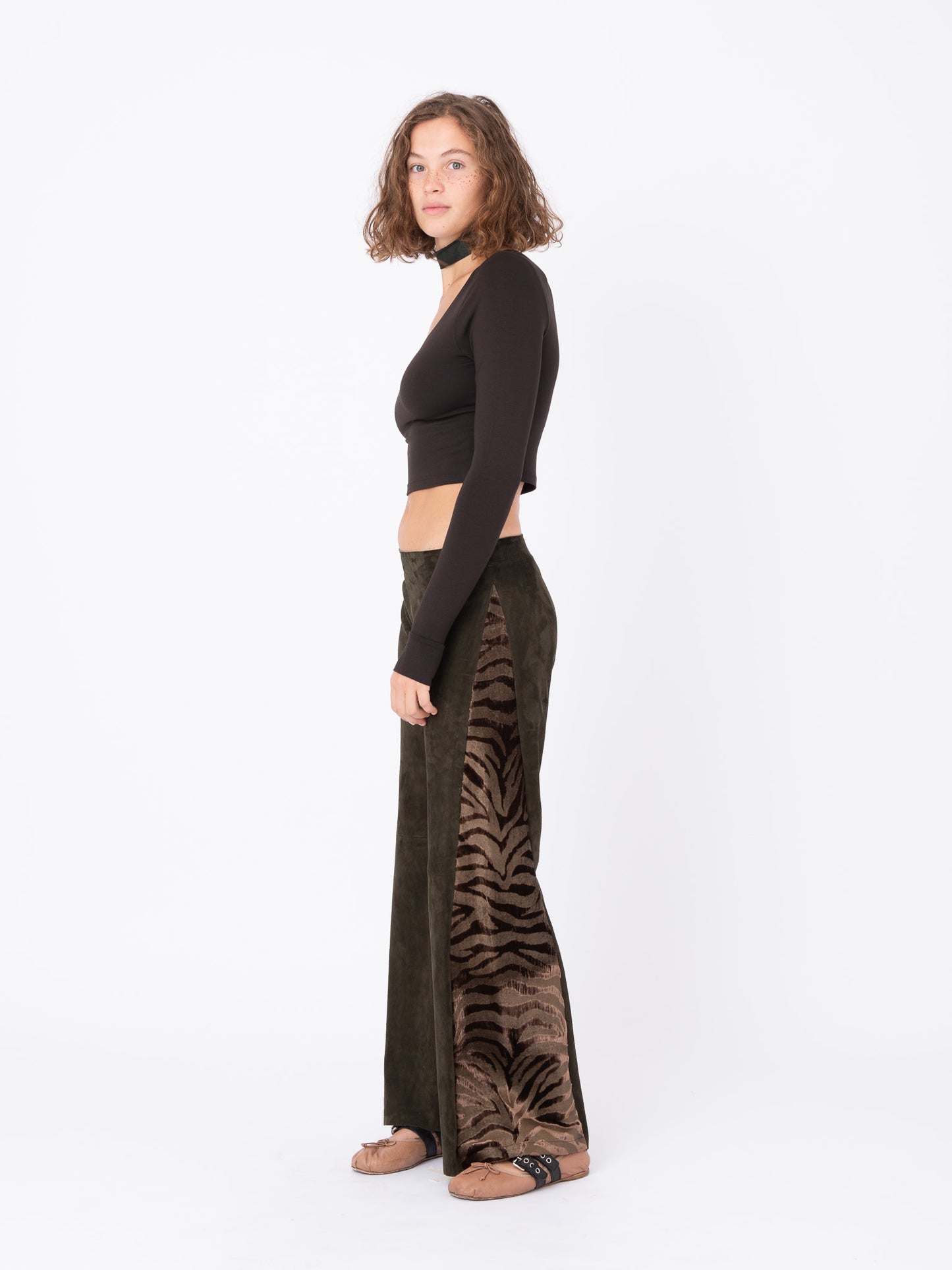 Azalea Brown Suede Pants with Tiger Velvet Inserts