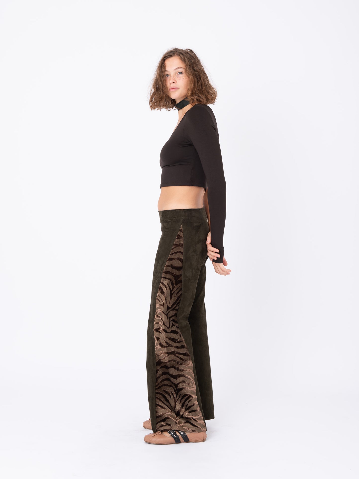 Azalea Brown Suede Pants with Tiger Velvet Inserts