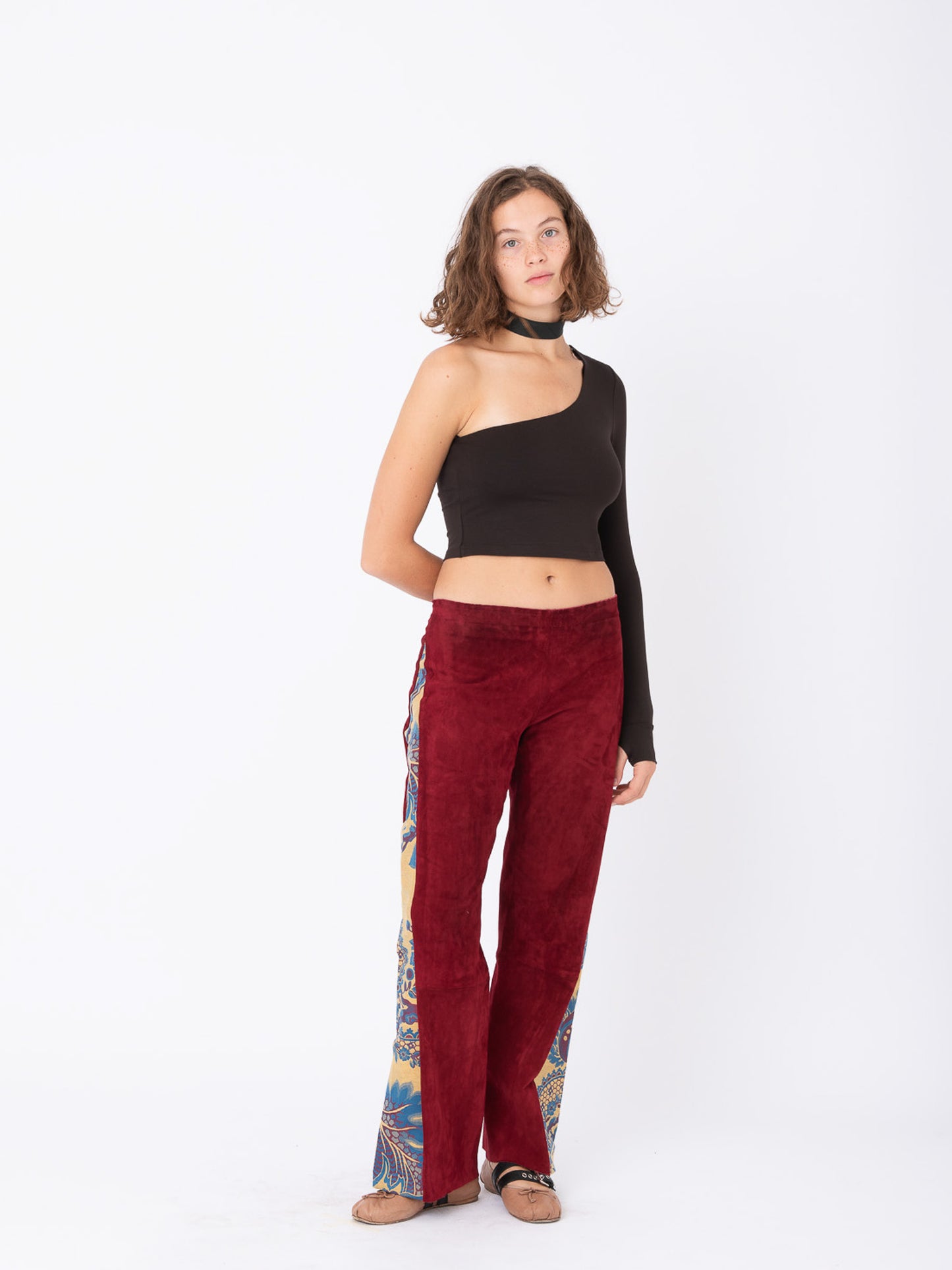 Azalea Red Suede Pants with Brocade Inserts