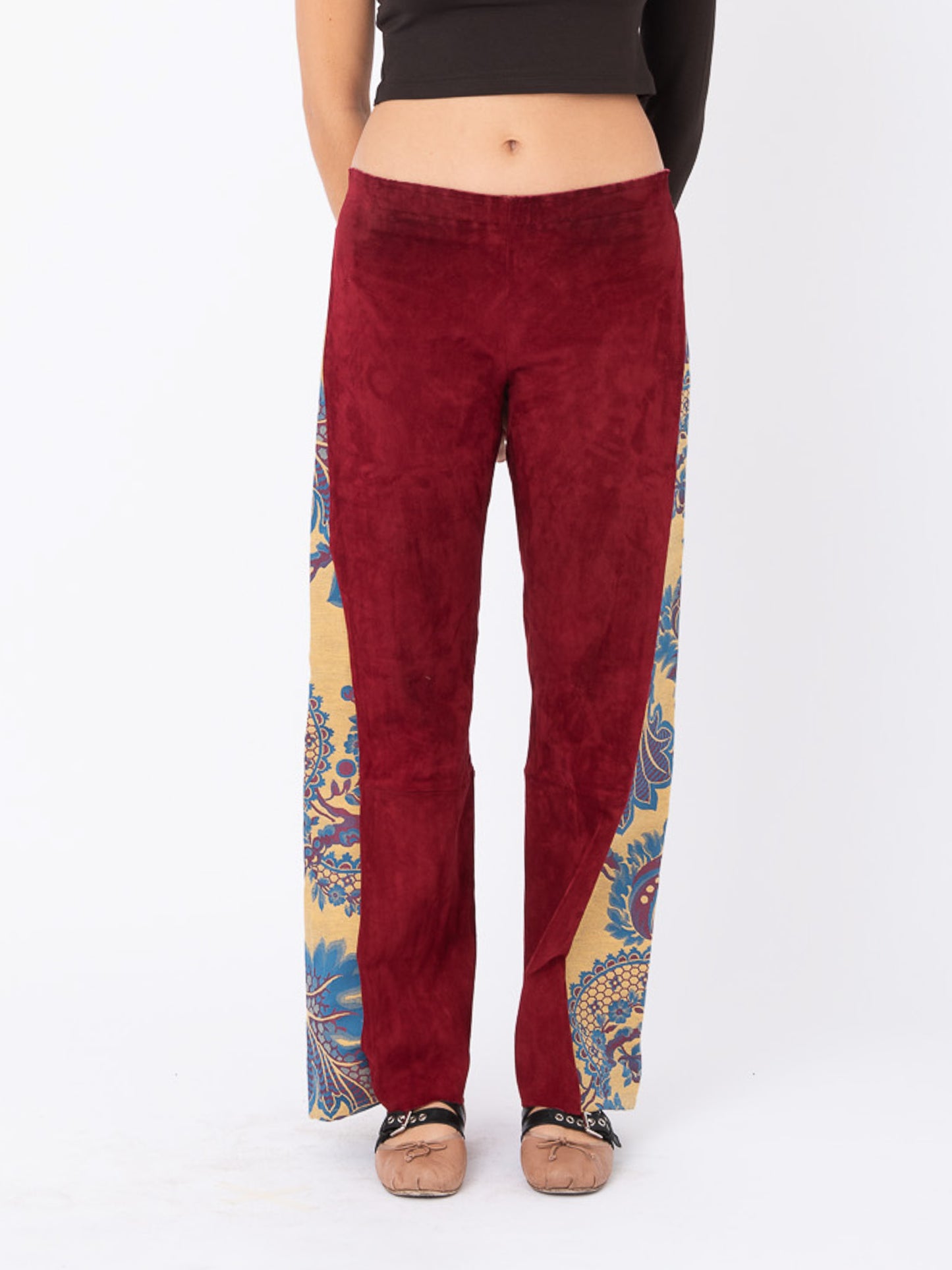 Azalea Red Suede Pants with Brocade Inserts