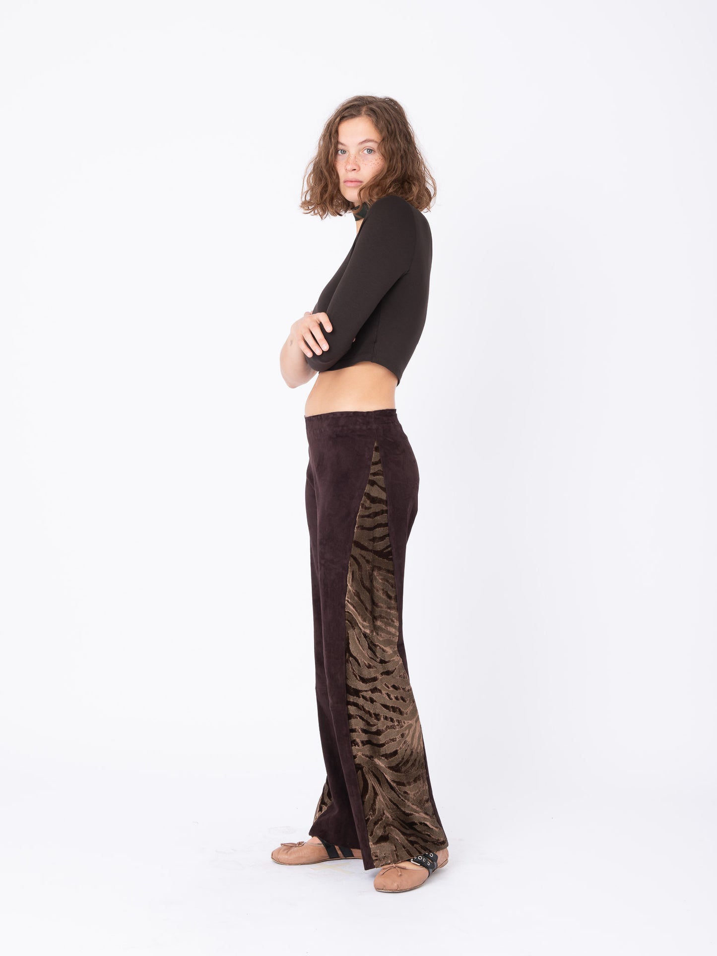 Azalea Chocolate Suede Pants with Tiger Velvet Inserts