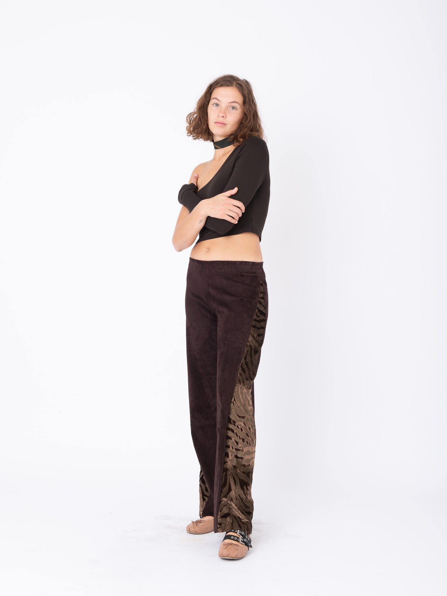 Azalea Chocolate Suede Pants with Tiger Velvet Inserts