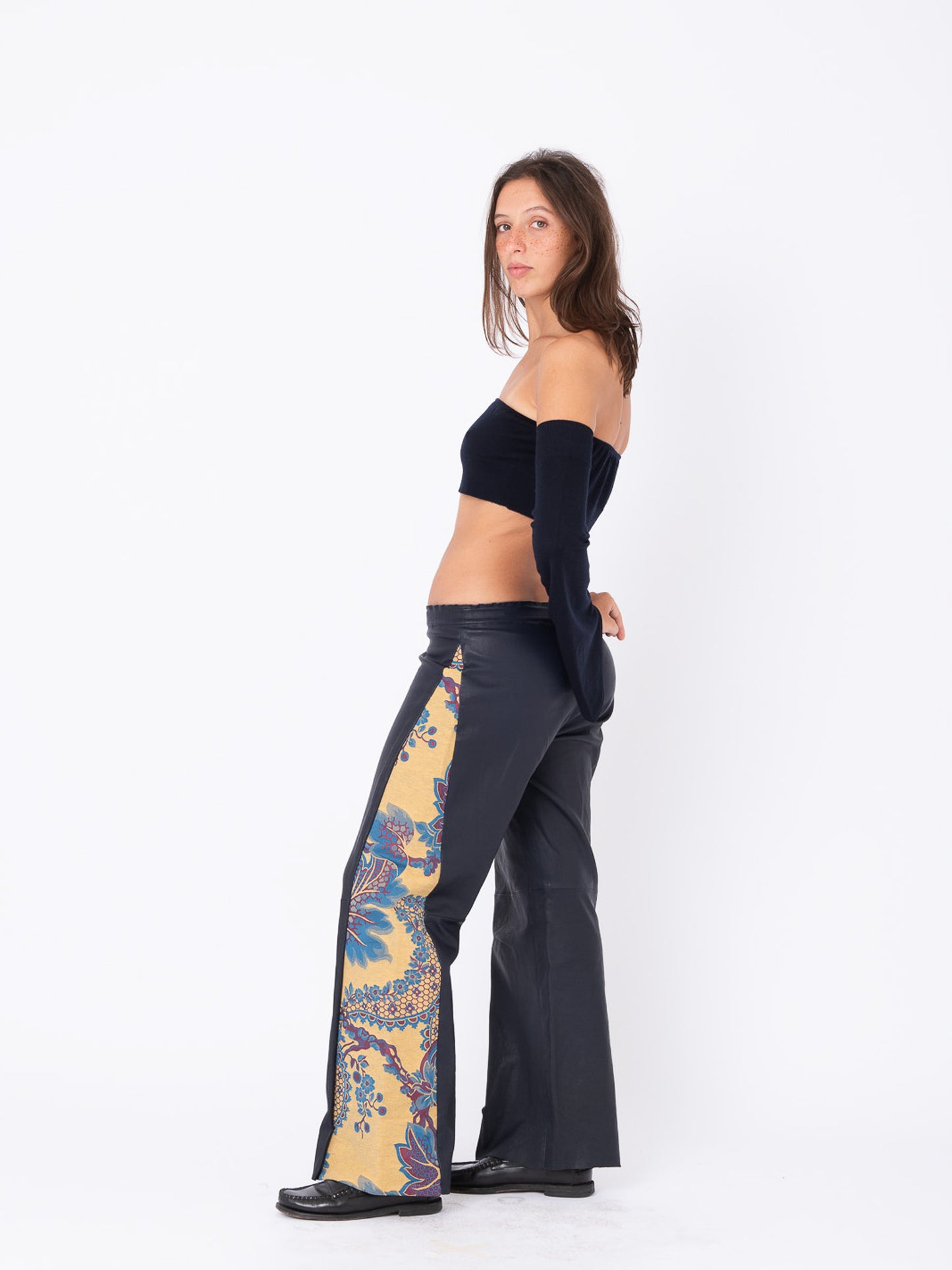 Azalea Blue Leather Pants with Brocade Inserts