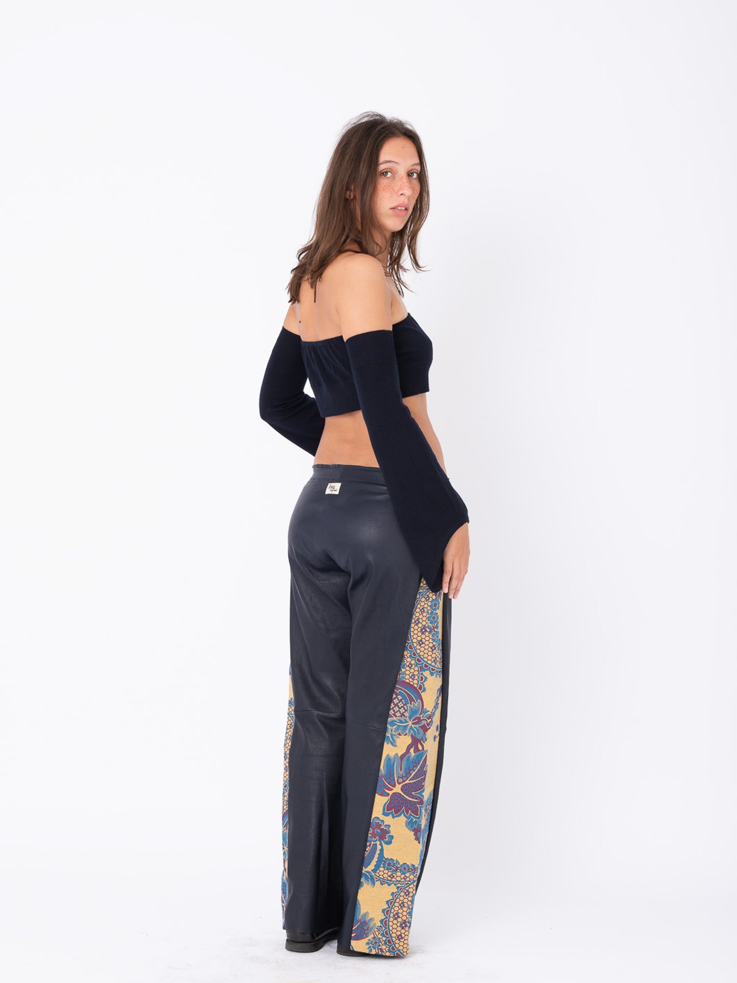 Azalea Blue Leather Pants with Brocade Inserts