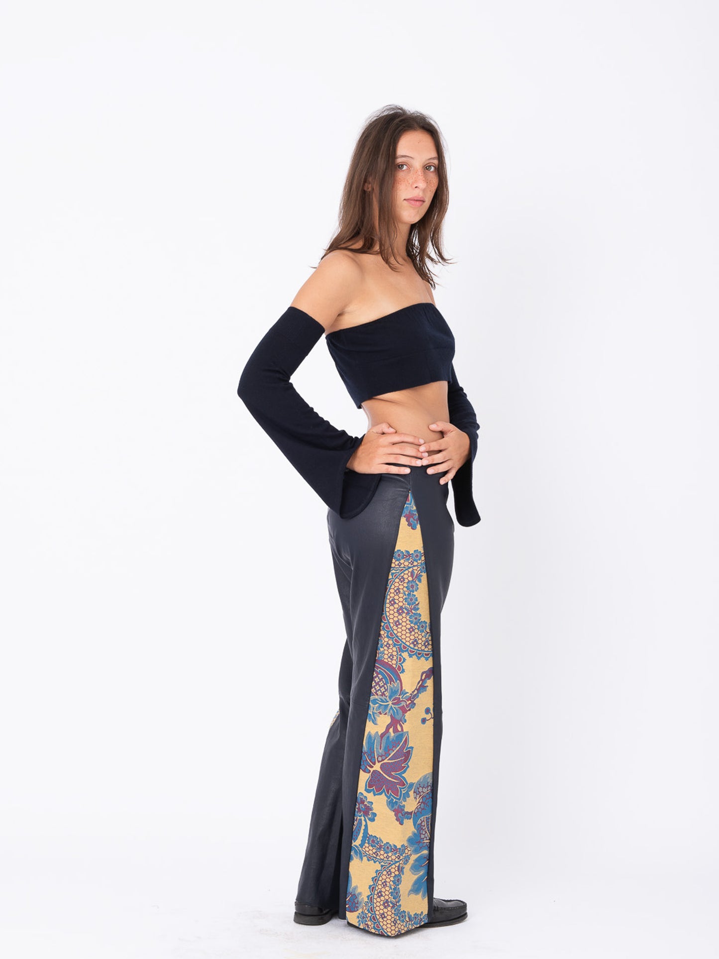 Azalea Blue Leather Pants with Brocade Inserts
