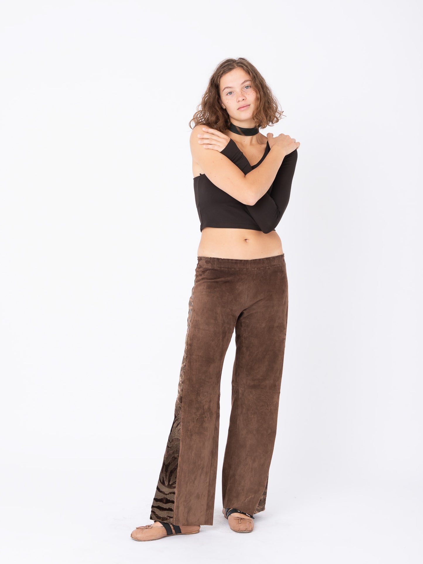 Azalea Light Brown Suede Pants with Tiger Velvet Inserts