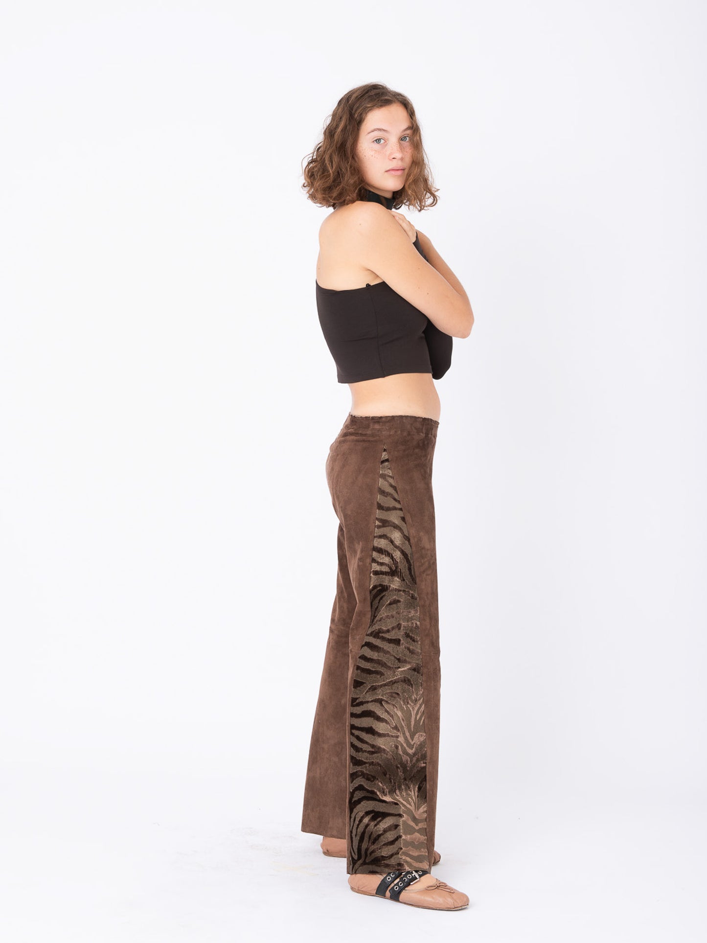 Azalea Light Brown Suede Pants with Tiger Velvet Inserts