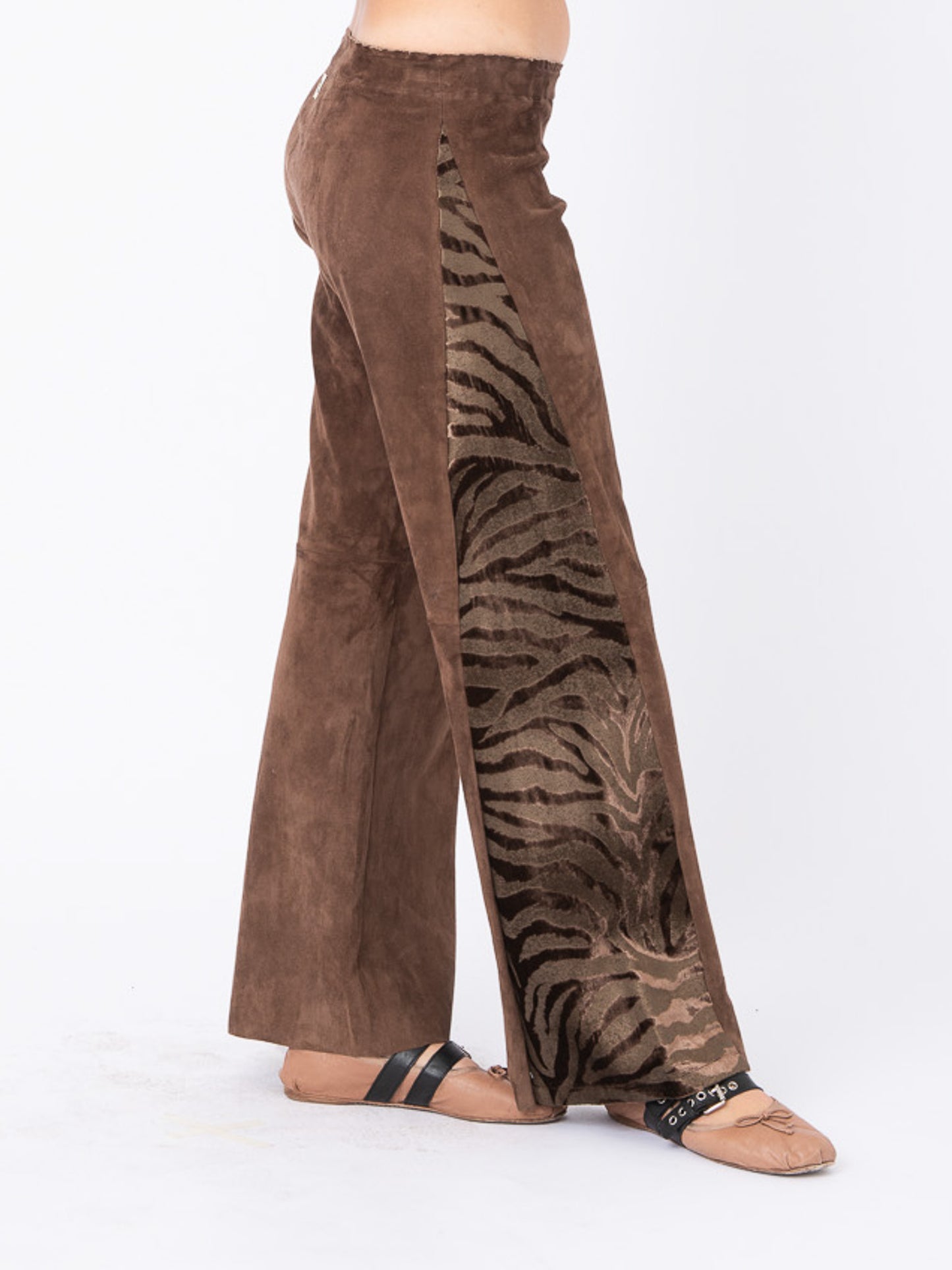 Azalea Light Brown Suede Pants with Tiger Velvet Inserts