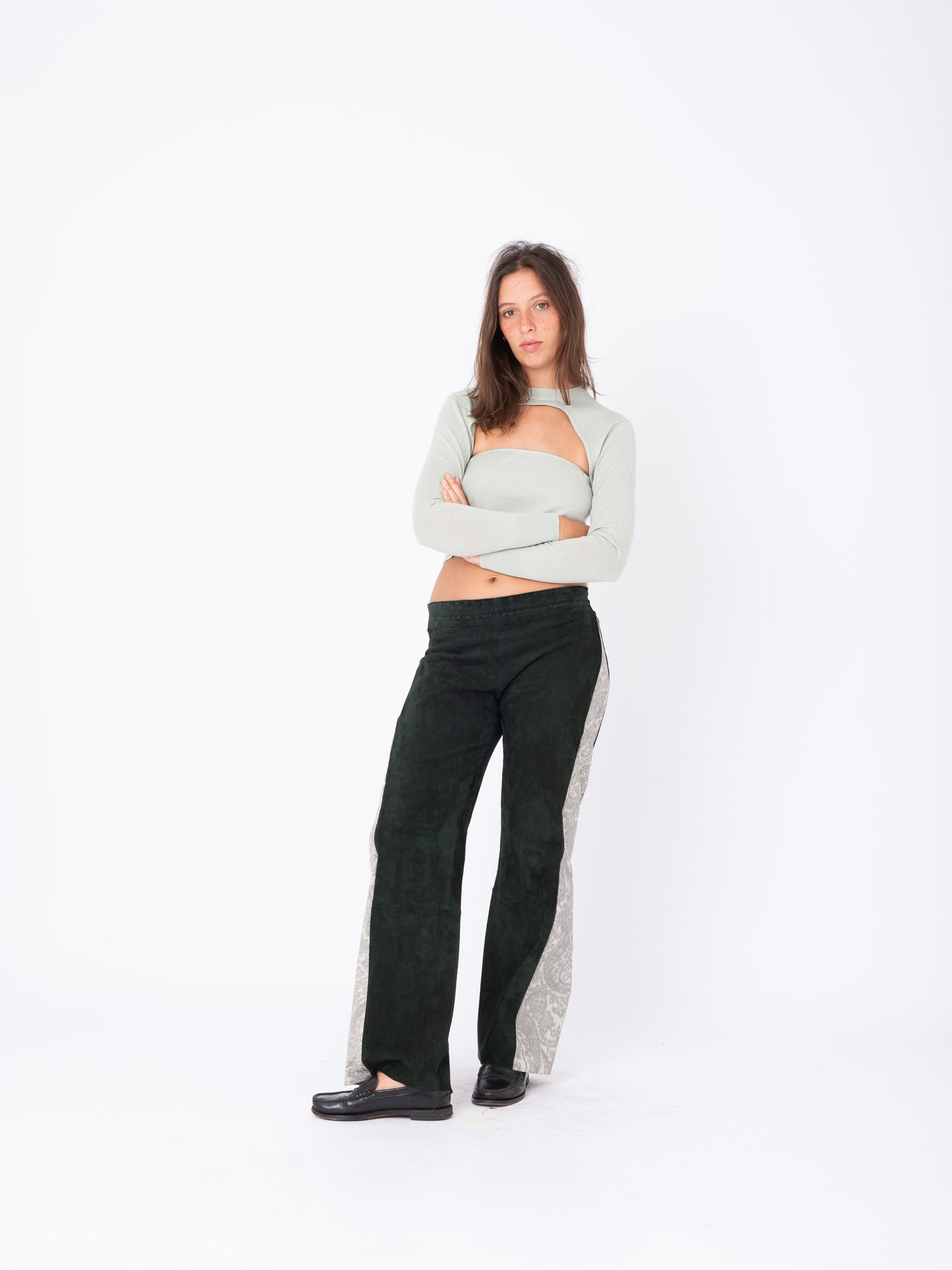 Azalea Green Suede Pants with Paisley Inserts