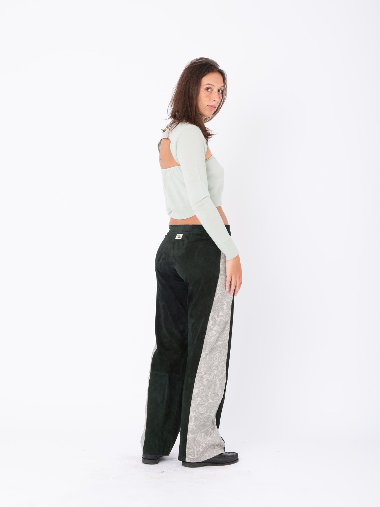 Azalea Green Suede Pants with Paisley Inserts