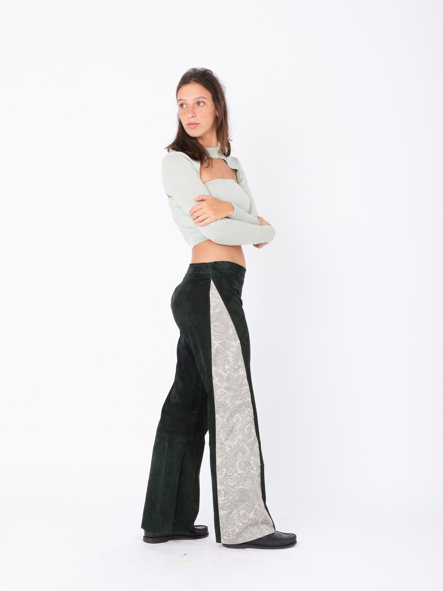 Azalea Green Suede Pants with Paisley Inserts
