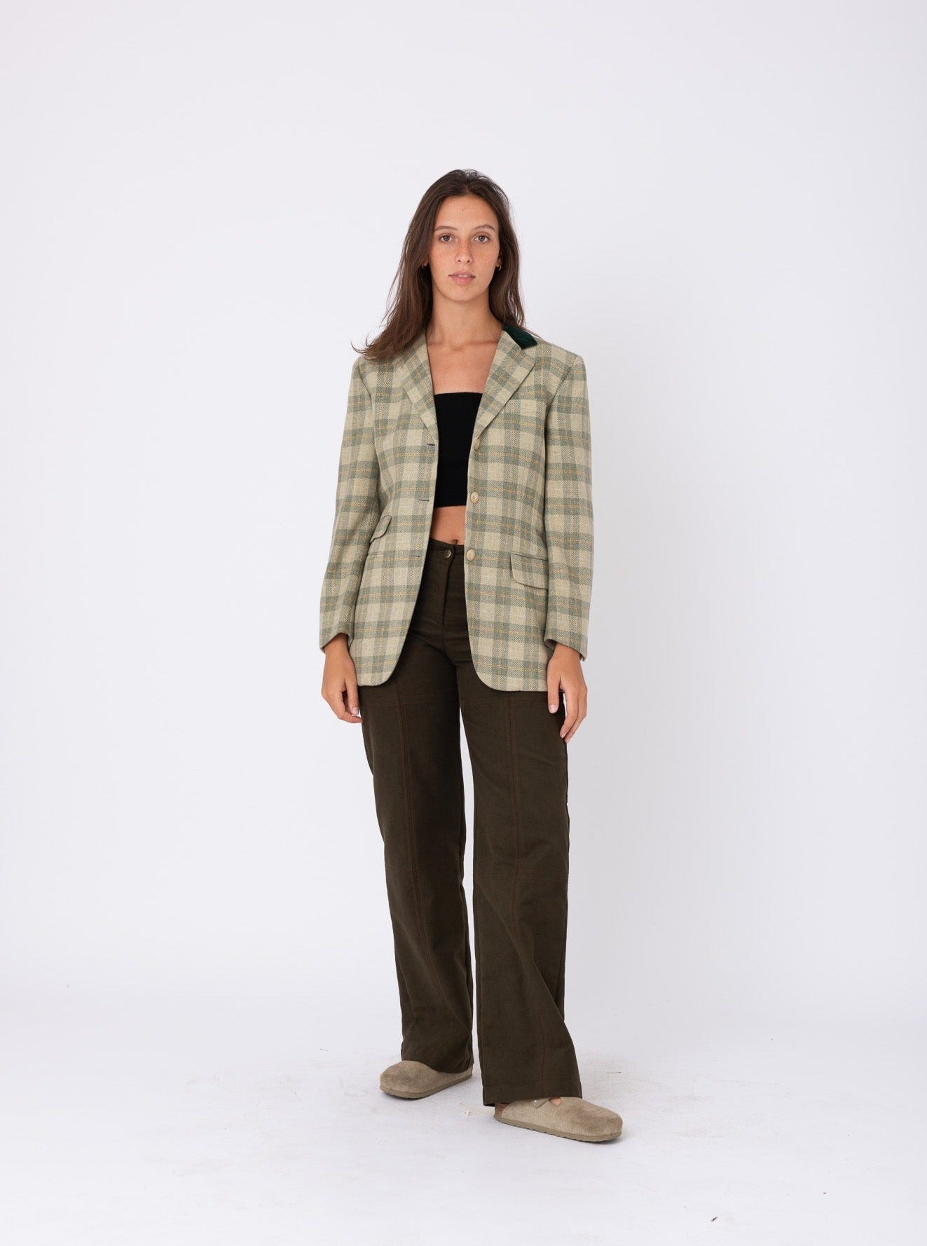 Vintage Green Chequered Wool Blazer w/ Heron Stamp