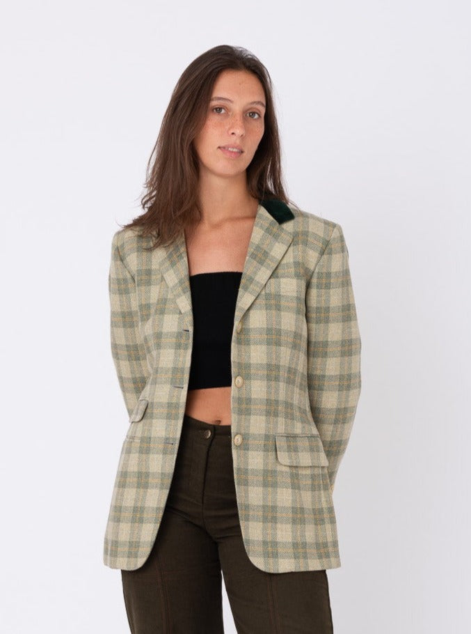 Vintage Green Chequered Wool Blazer w/ Heron Stamp