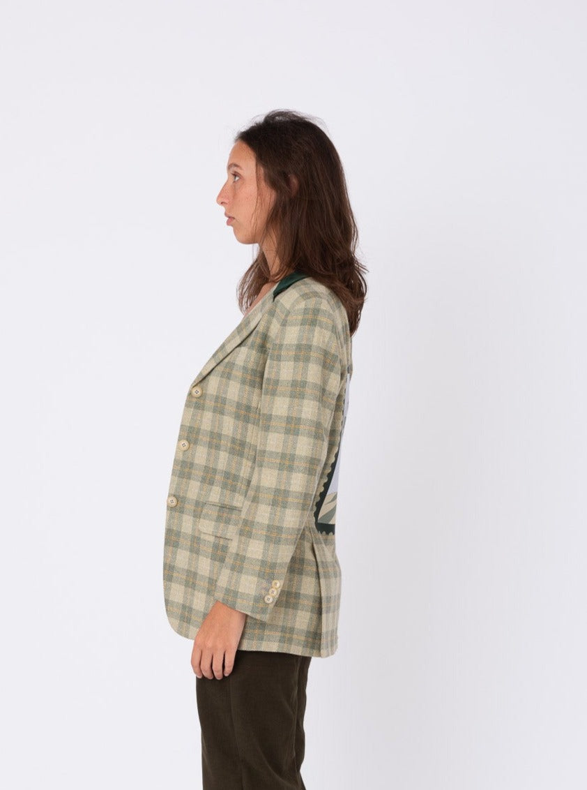 Vintage Green Chequered Wool Blazer w/ Heron Stamp