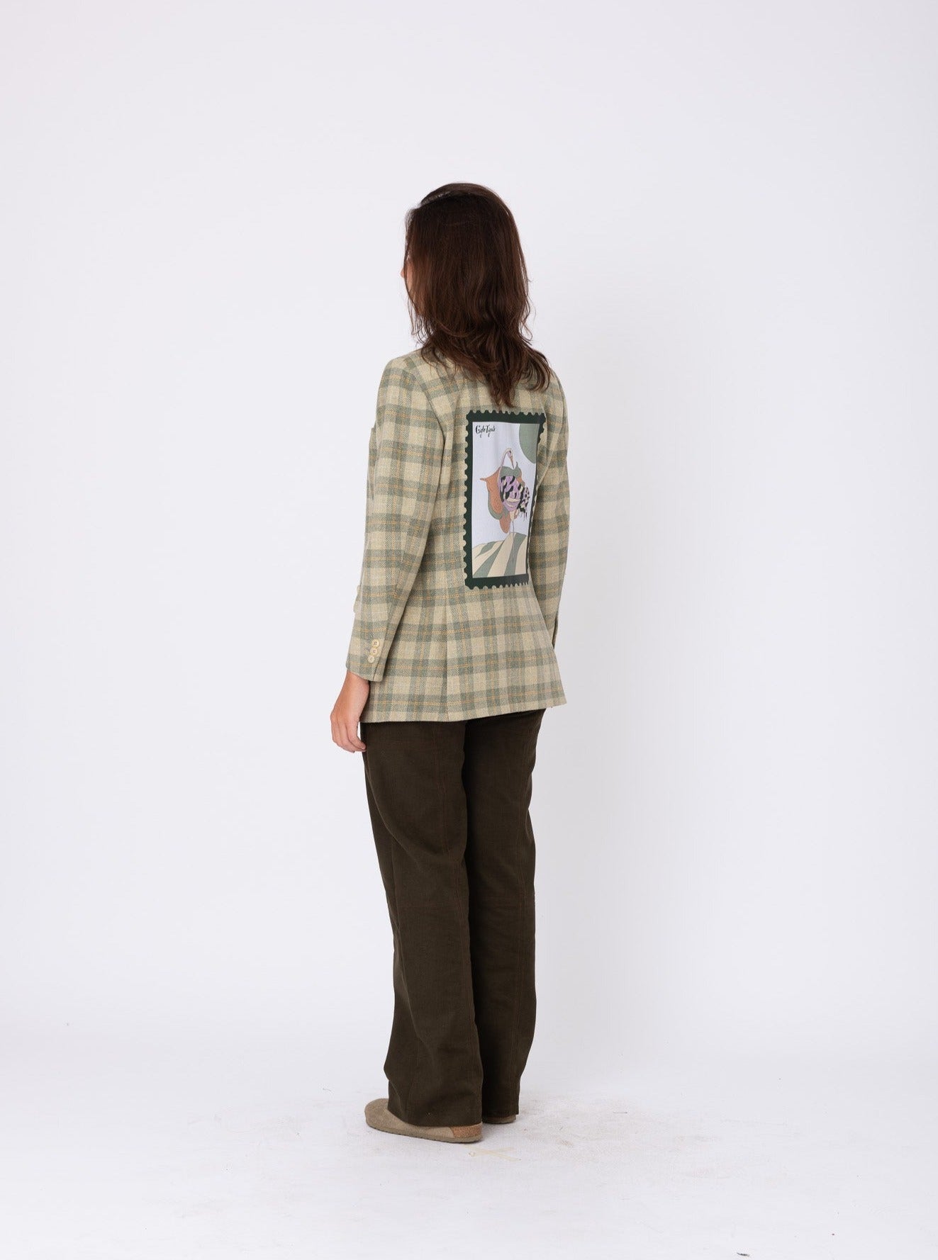 Vintage Green Chequered Wool Blazer w/ Heron Stamp
