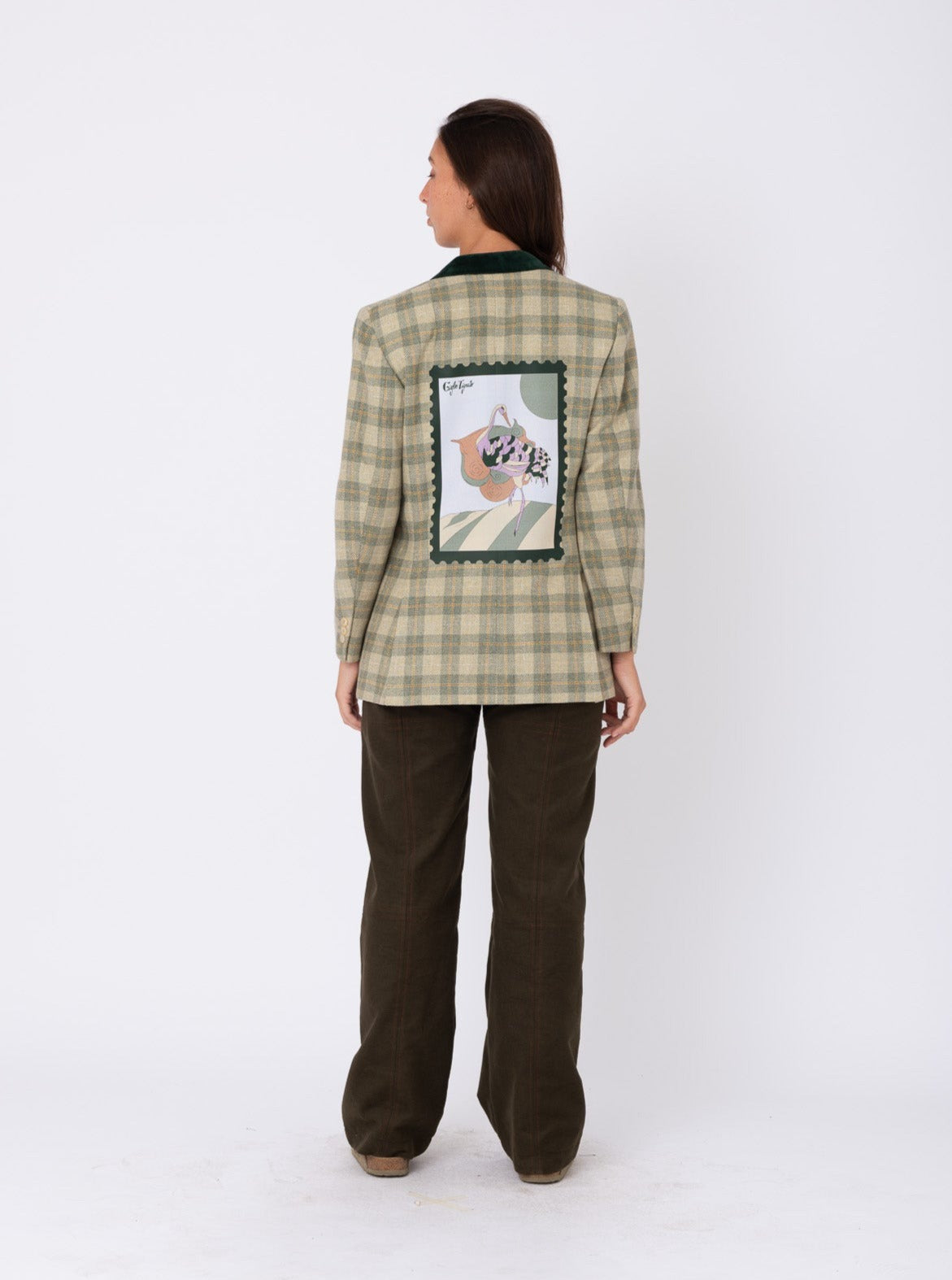 Vintage Green Chequered Wool Blazer w/ Heron Stamp