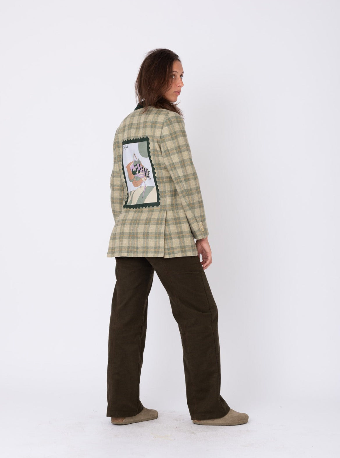 Vintage Green Chequered Wool Blazer w/ Heron Stamp