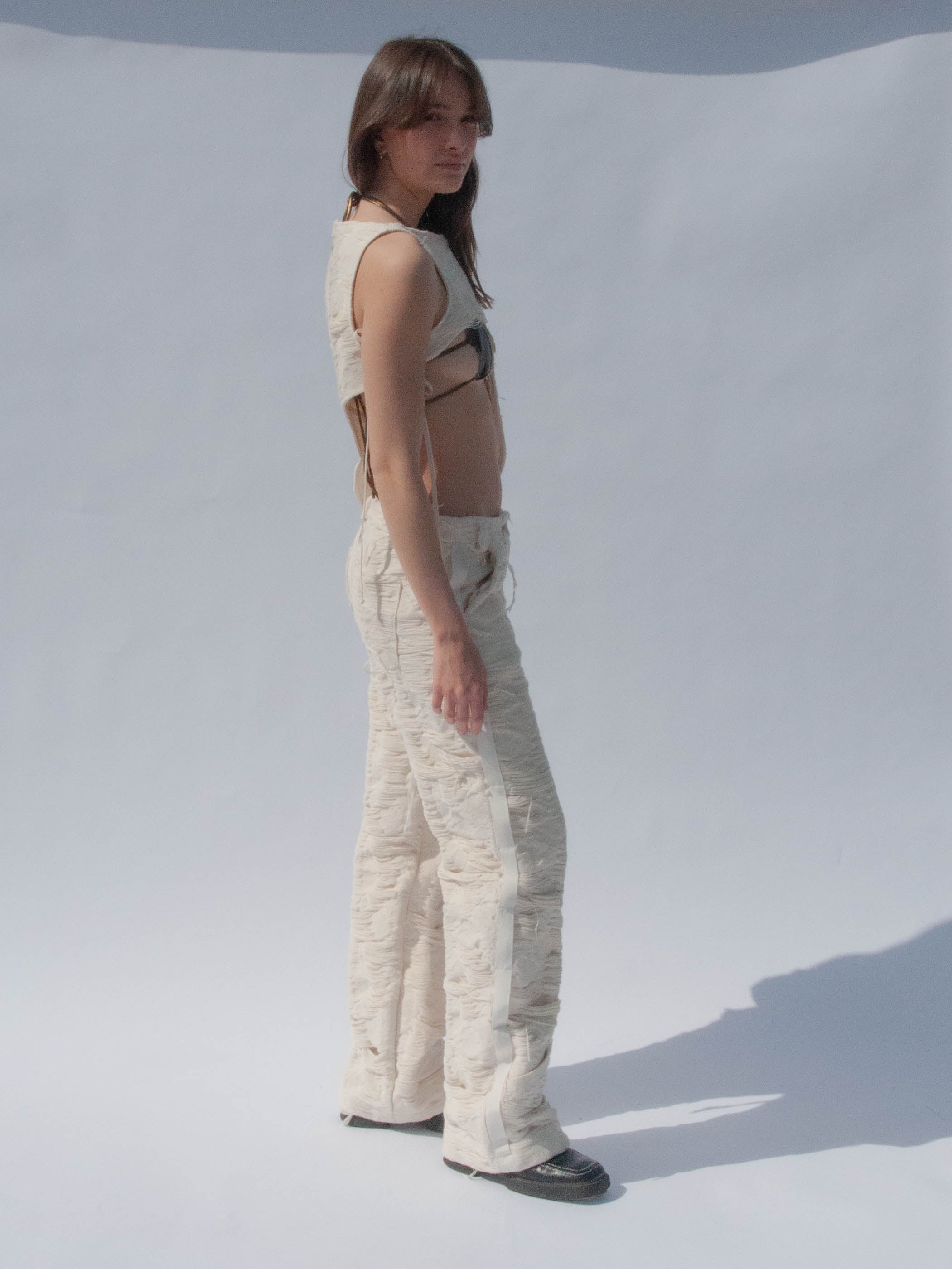 Top, side view, deconstructed, asymmetrical cut, upcycled