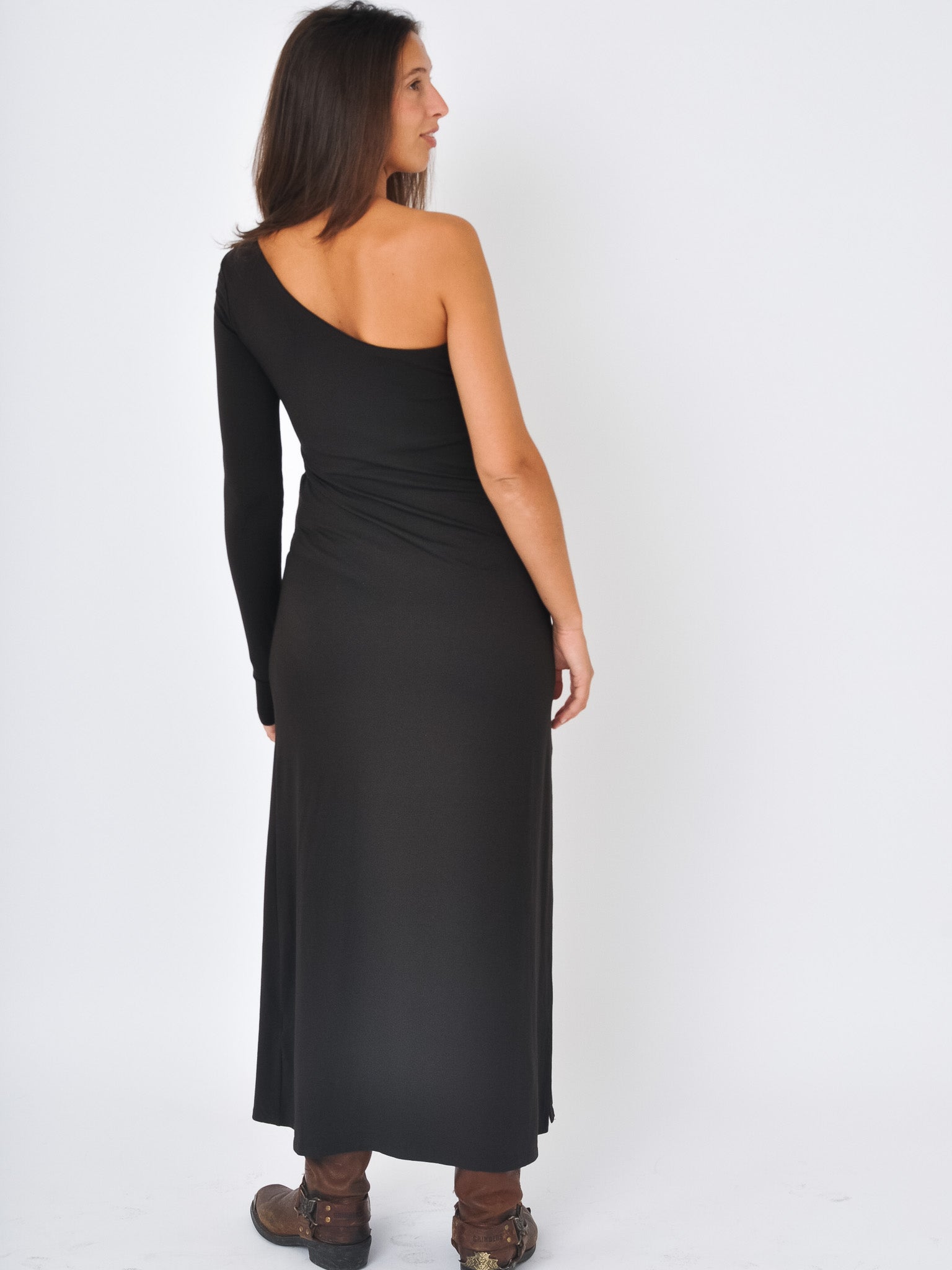 long dress, back view, side slit, one sleeve, unique