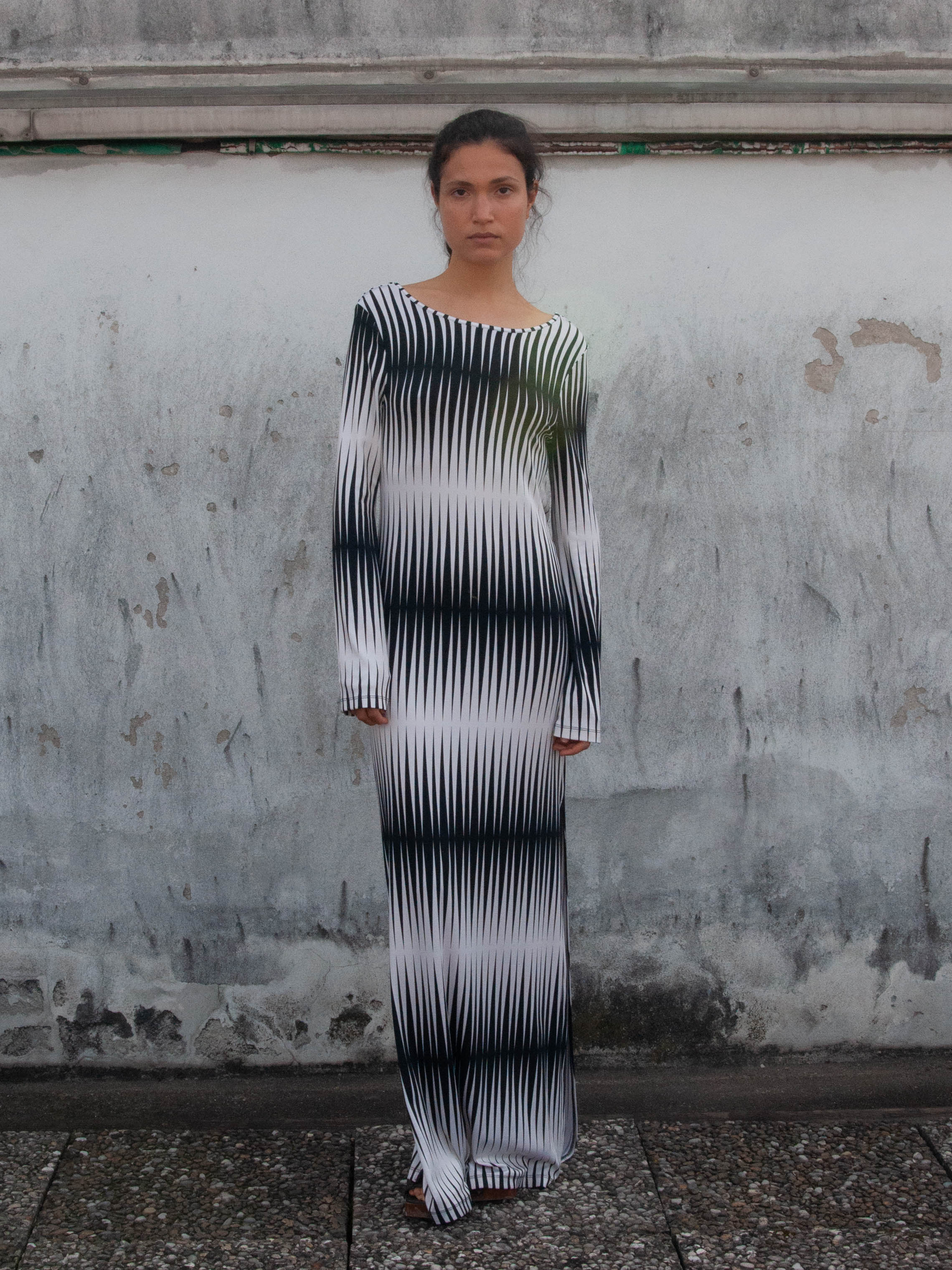 Long sleeved long dress, front view, festival, upcycled