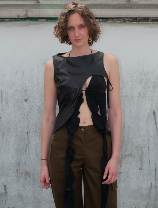 Top, front view, deconstructed, asymmetrical cut, leather, upcycled