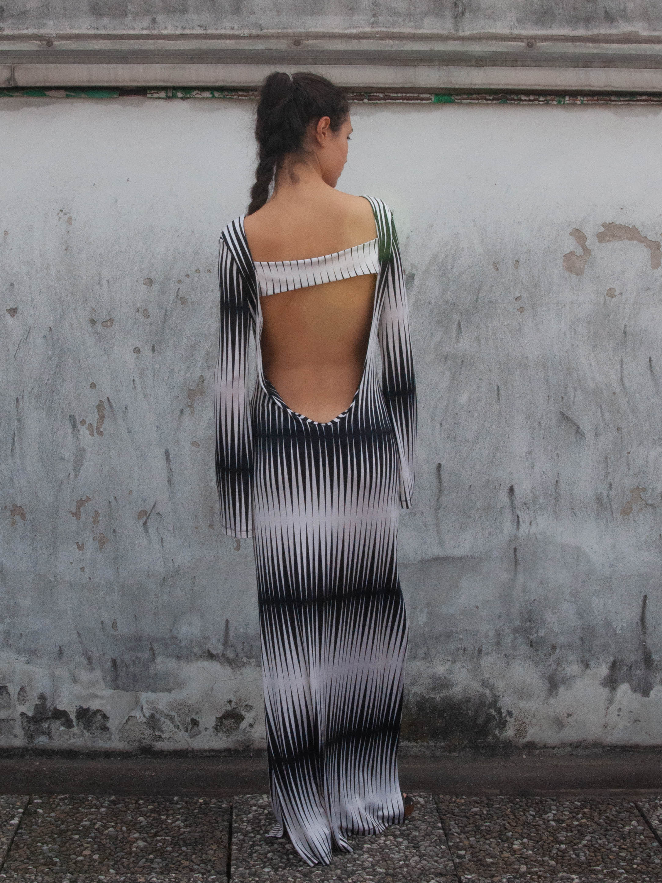 Long sleeved long dress, back view, festival, upcycled