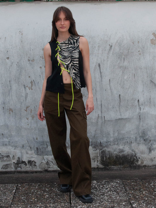 Top, front view, asymmetrical close, deconstructed, upcycled, animalier