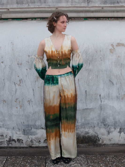 Silk pants, front view, Cargo fit, tie dye, upcycled