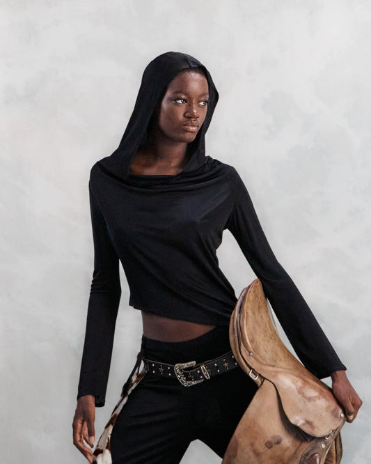 BOMBAY HOODED TOP IN BLACK VISCOSE