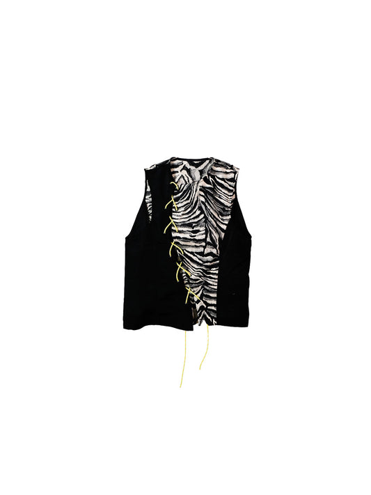 Top, front view, asymmetrical close, deconstructed, upcycled, animalier