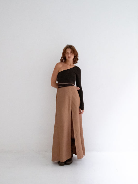 Lilo Long Skirt in Brown Silk