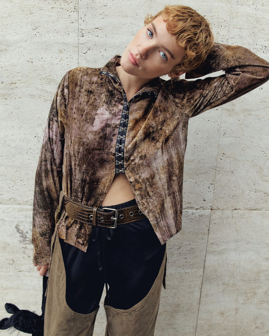 FAROE TOP IN MELANGE VELVET BLACK CLOSE-UP