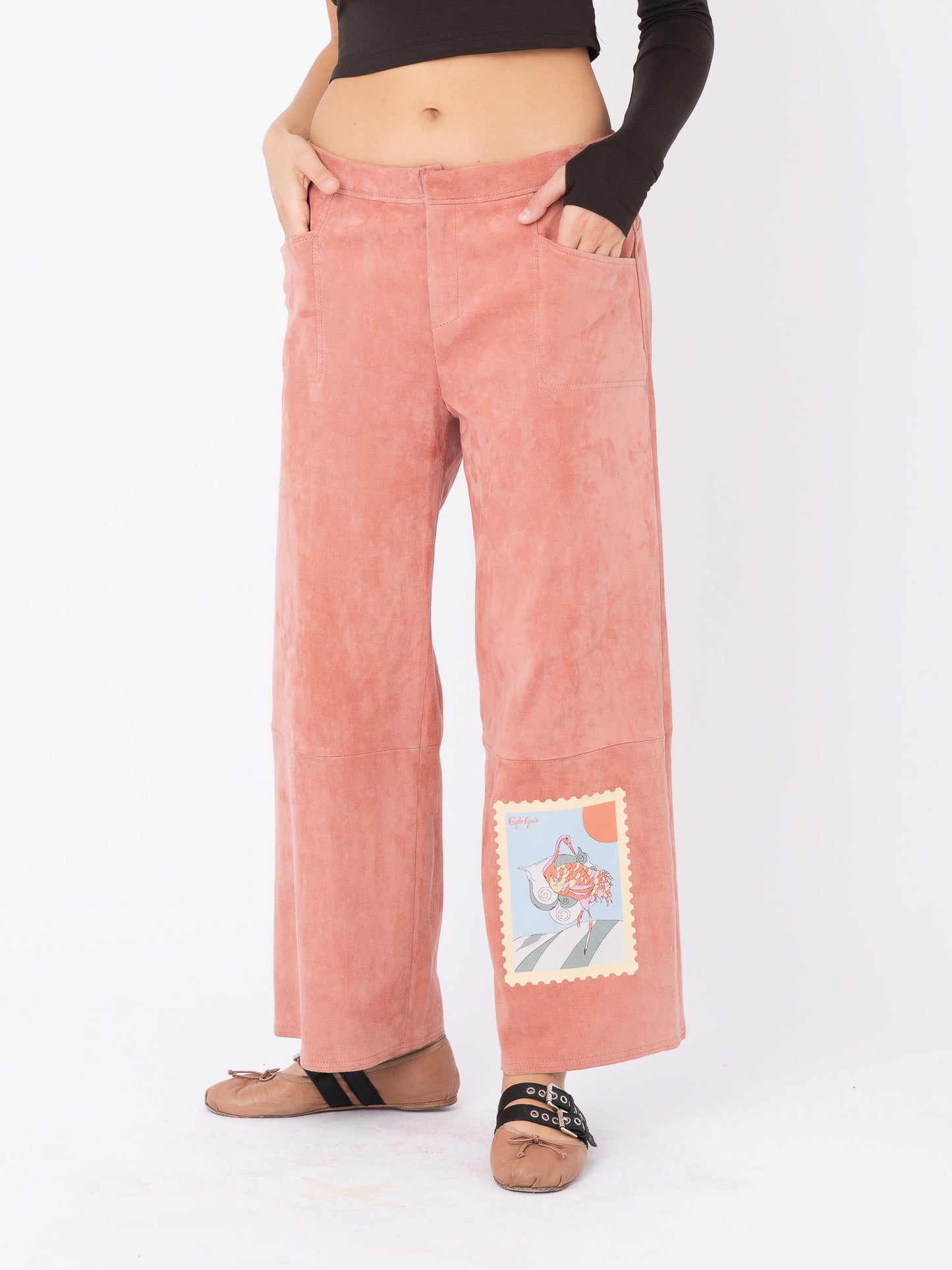 Pink Suede Pants w/ Heron Print