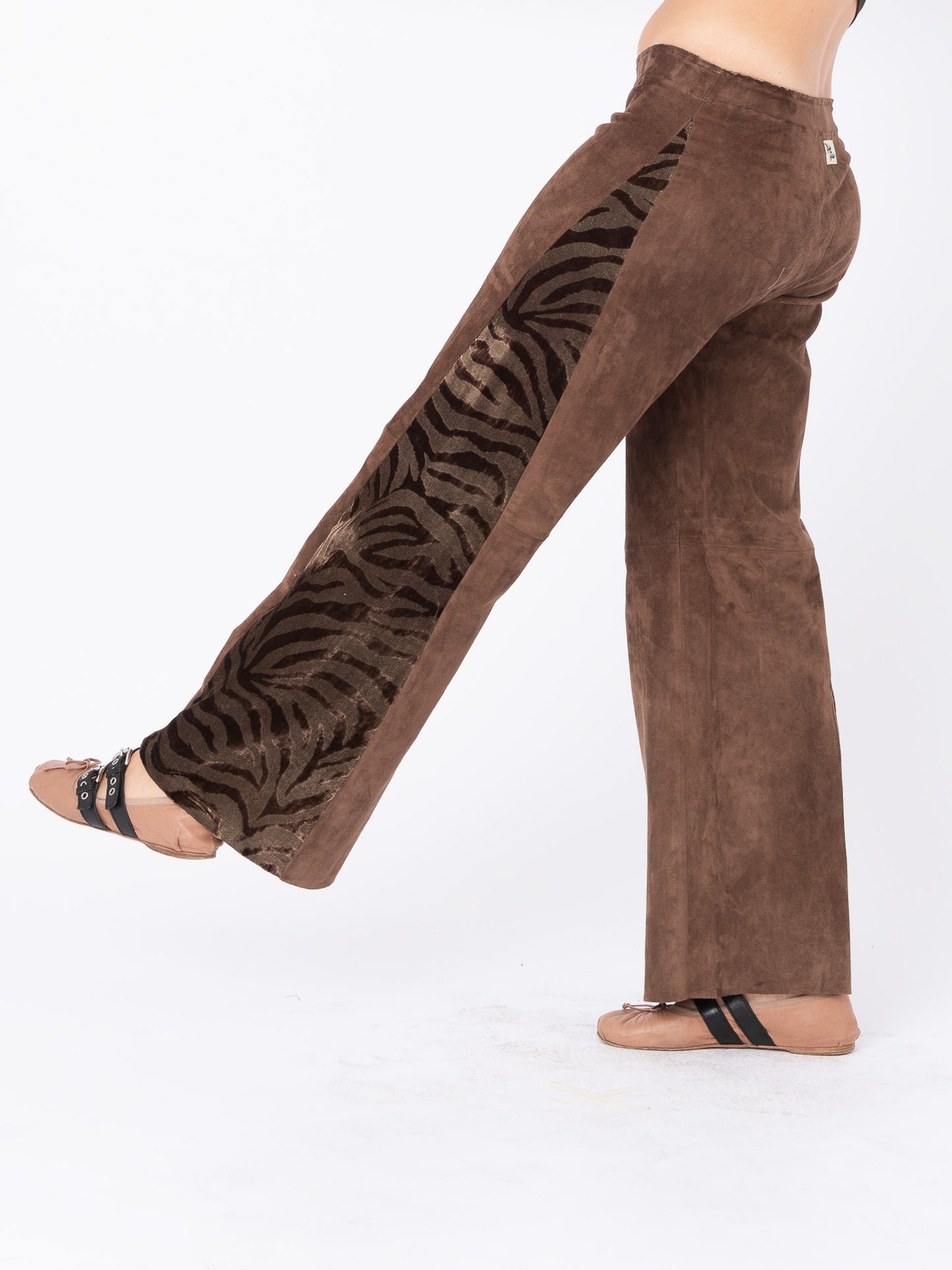Azalea Light Brown Suede Pants with Tiger Velvet Inserts