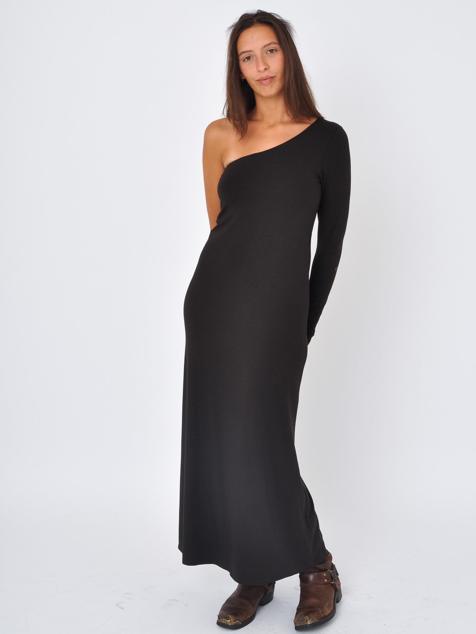 long dress, front view, side slit, one sleeve, unique
