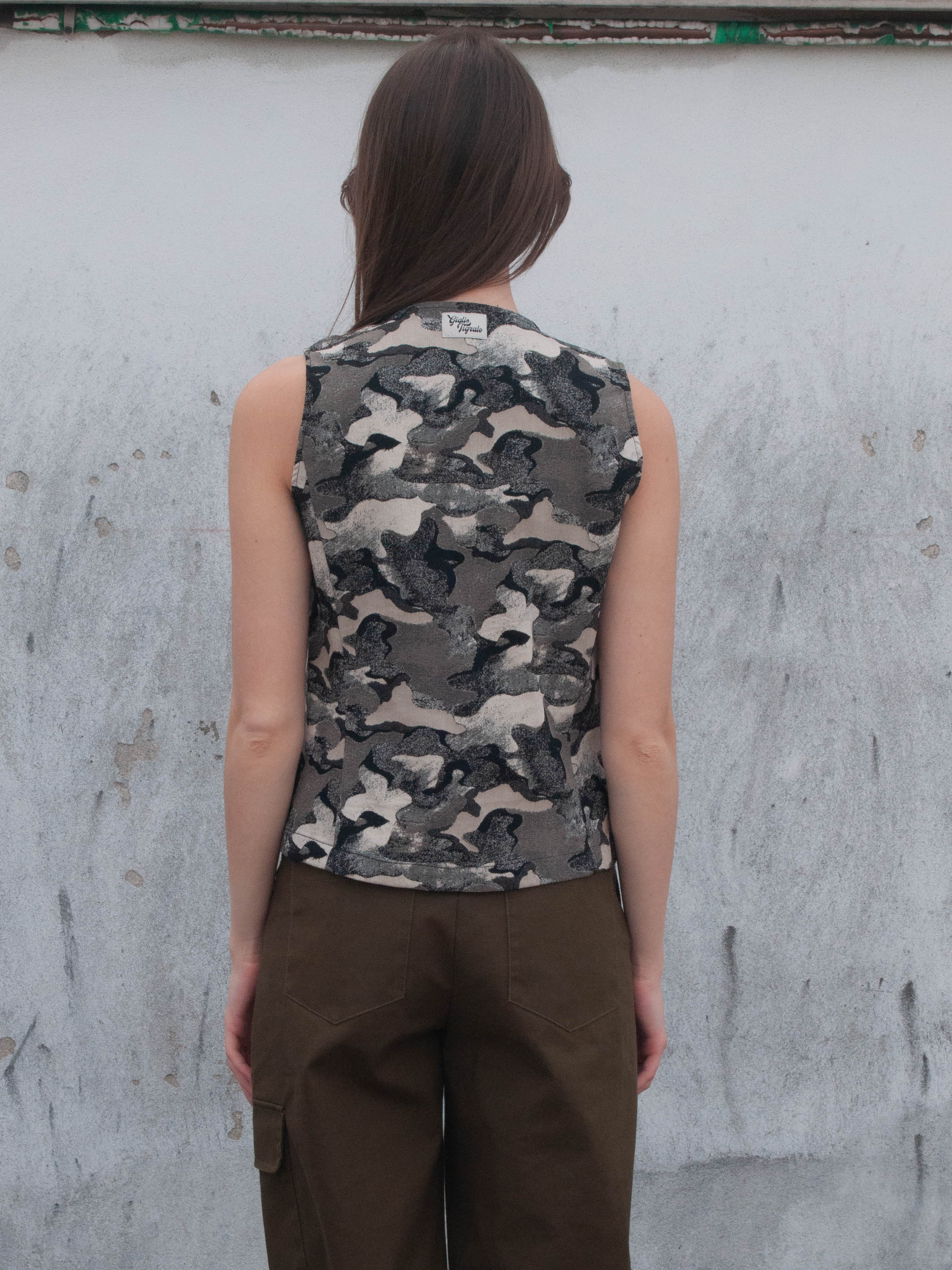 Top, back view, asymmetrical close, deconstructed, upcycled