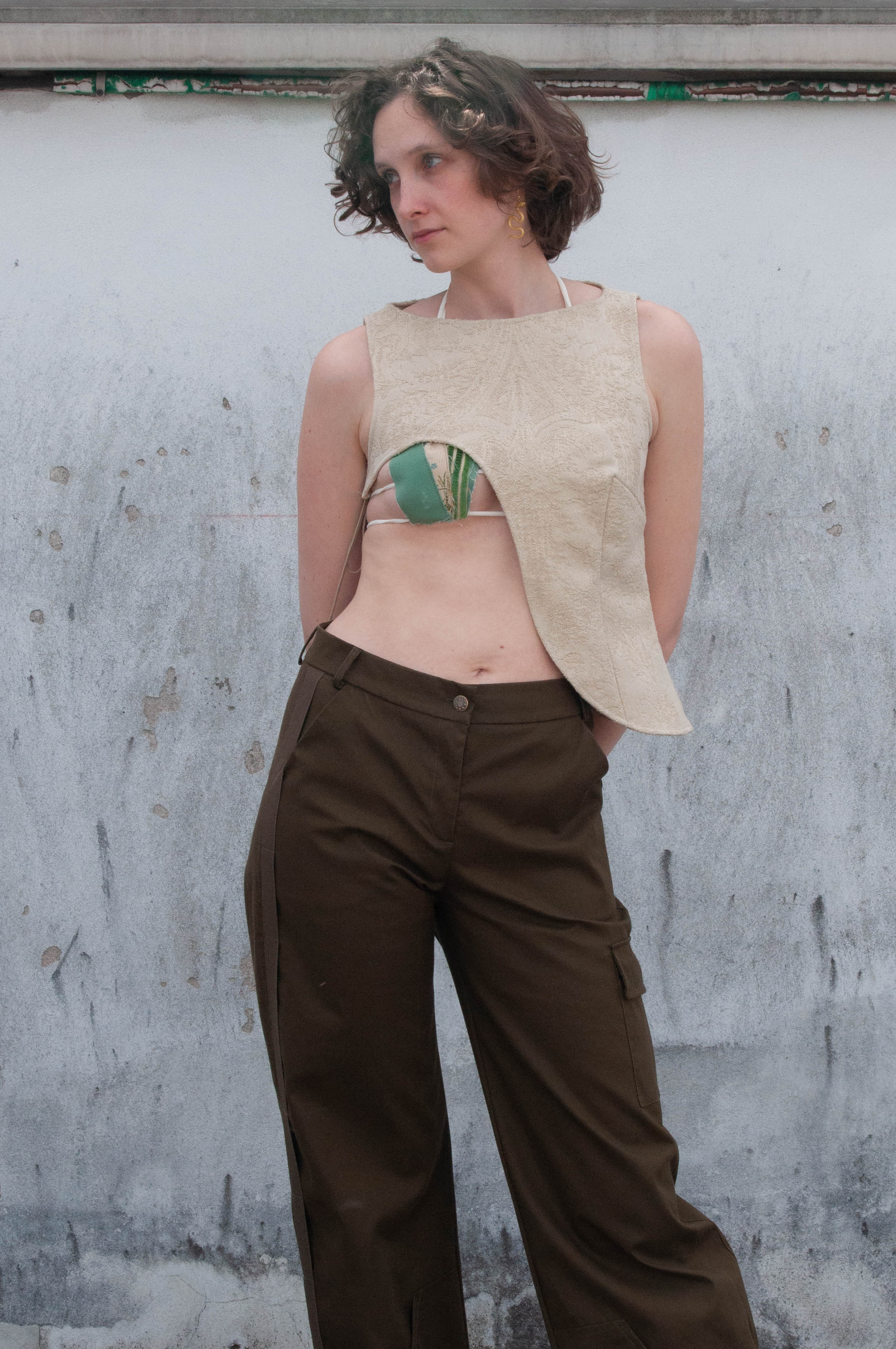 Top, front view, deconstructed, asymmetrical cut, upcycled