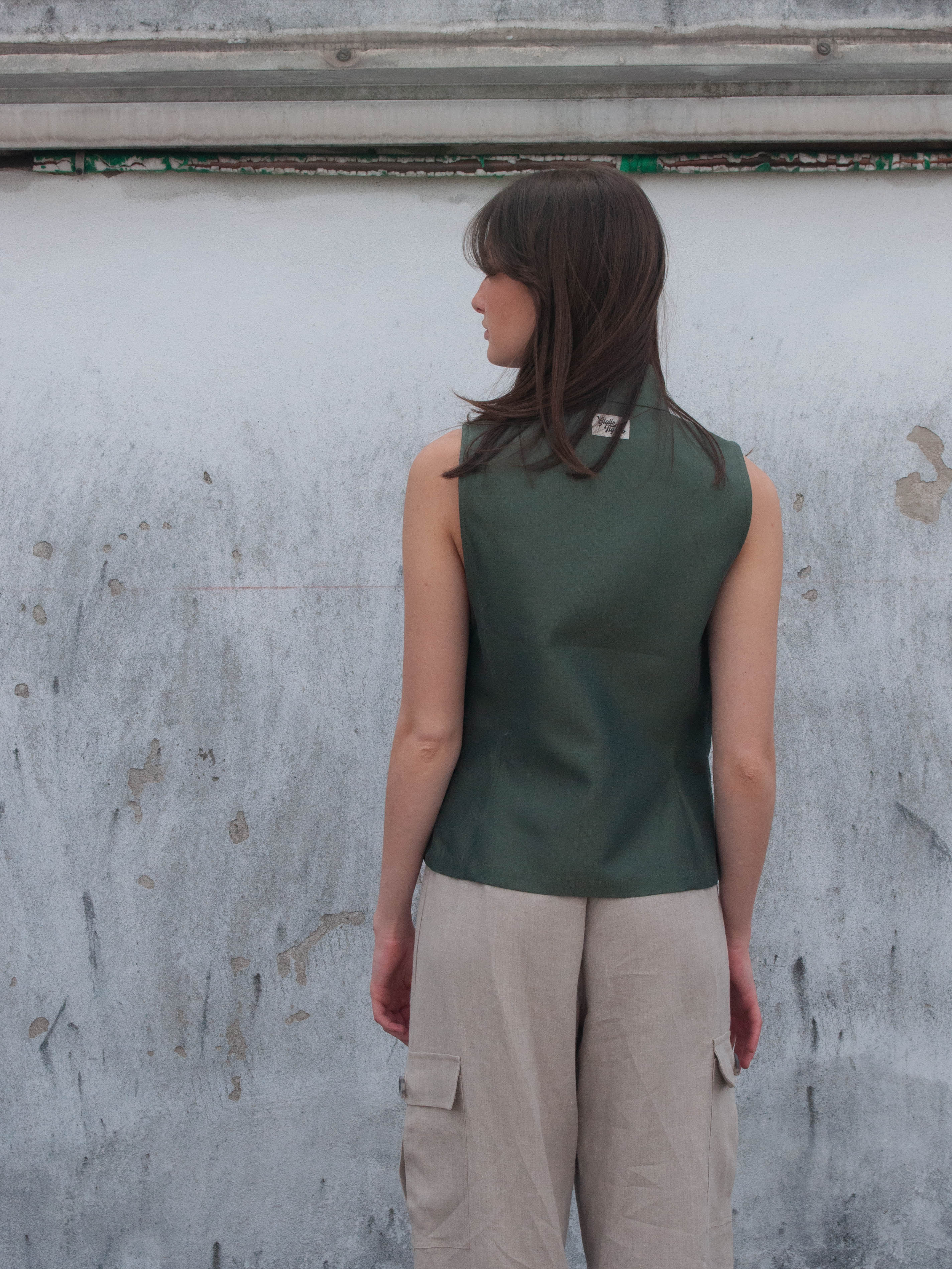 Vest, back view, asymmetrical close, turtleneck, deconstructed, upcycled