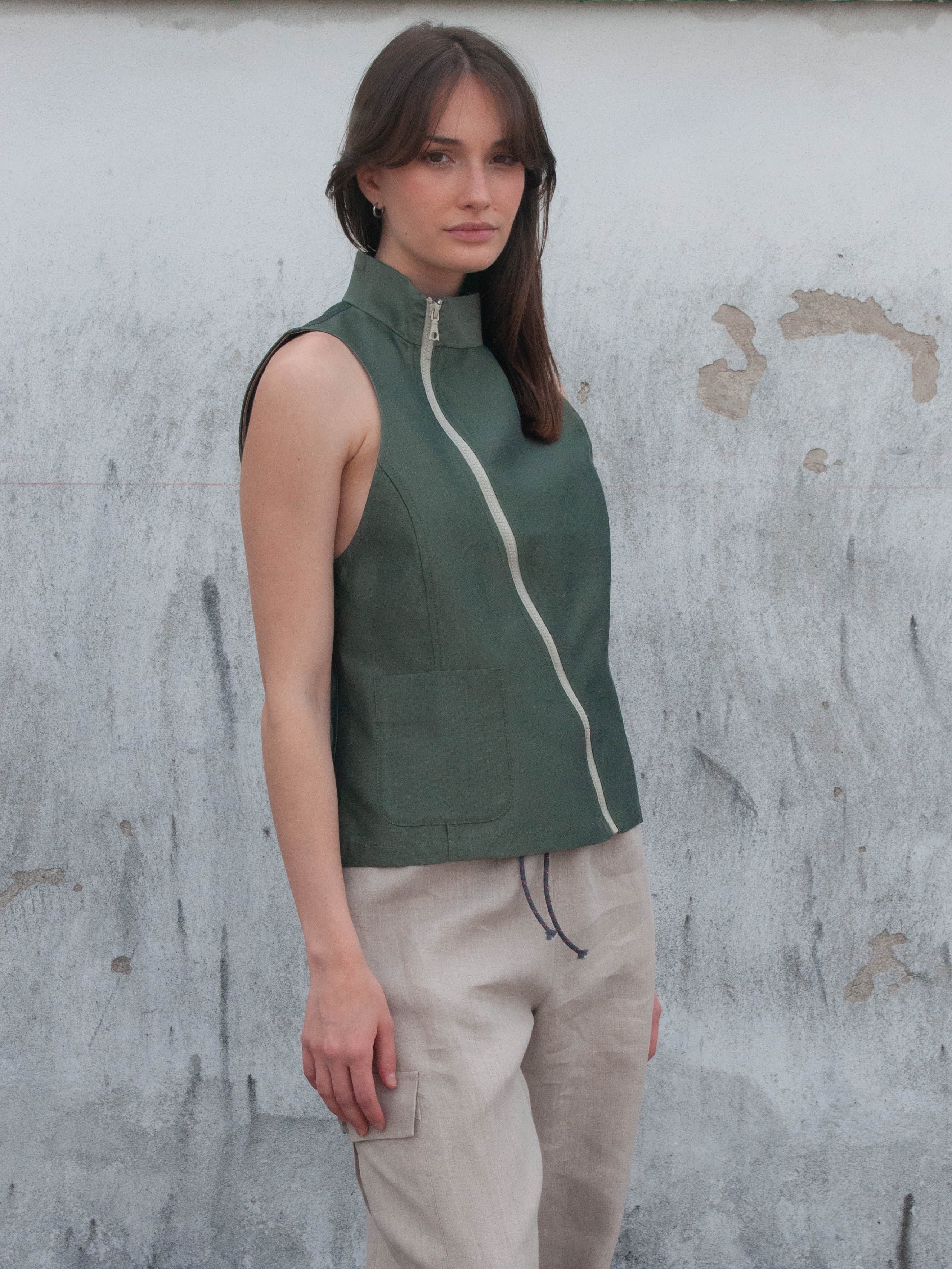 Vest, side view, asymmetrical close, turtleneck, deconstructed, upcycled