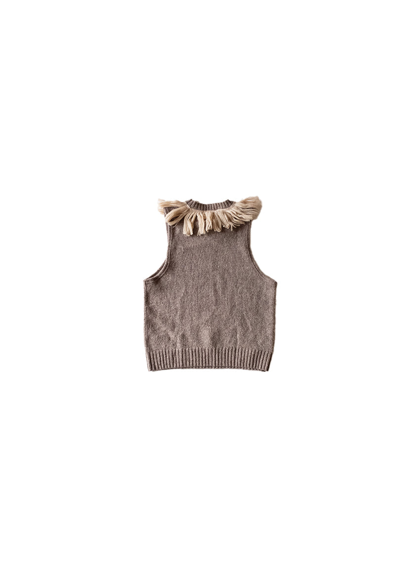 Upcycled Beige Pullover with Fringed Neck